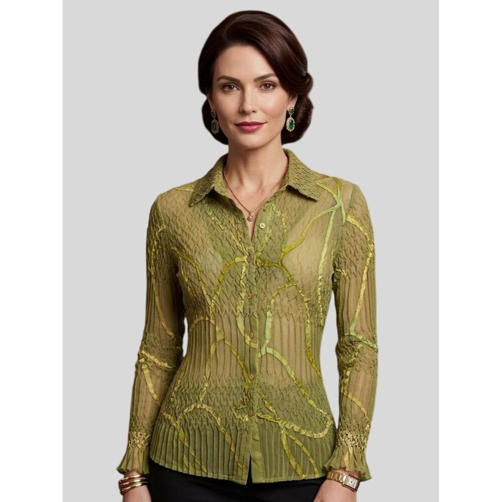 Komarov Crinkled Blouse Plisse Pleats Button-Up Sheer Size M‎ Green Y2K Mermaid